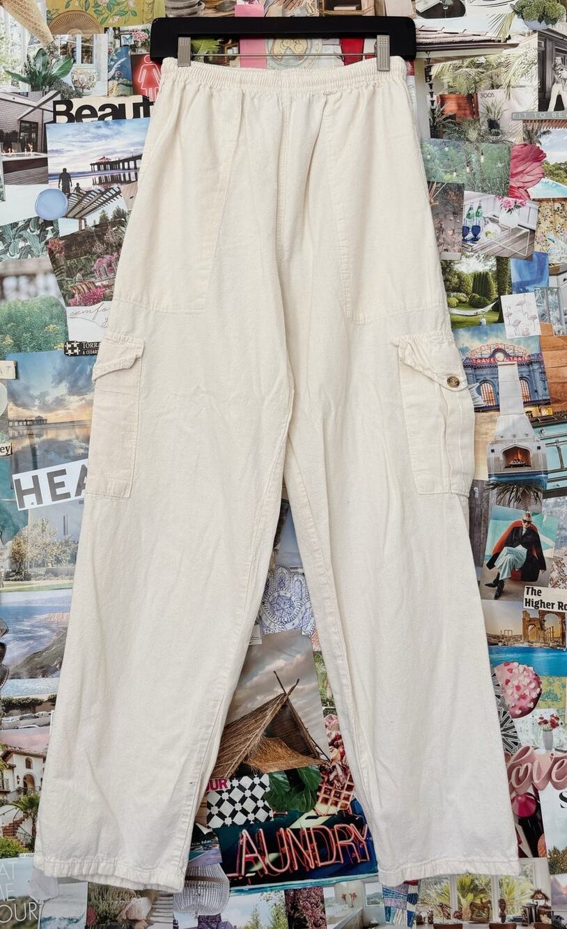 Cream Vintage Girris High Waisted Cotton Cargo Pants S